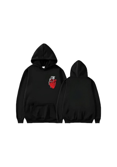 Startmore Kalp Bombası Basklı Kapişonlu Sweat Siyah