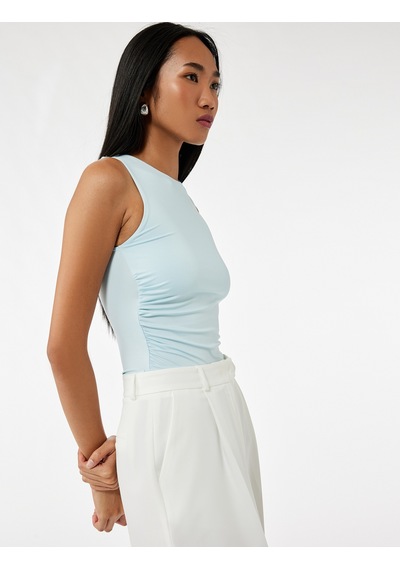 Koton Slim Fit Bisiklet Yaka Drapeli Kolsuz Tişört Mavi 5sak10751ek Mavi