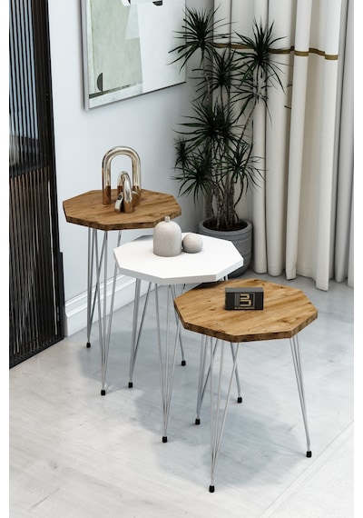 3'lü Sekizgen Zigon Sehpa Seti - Gümüş Metal Ayaklı, Modern & Şık Yan Sehpa, Dayanıklı Salon Ofis Beyaz Atlantik Çam