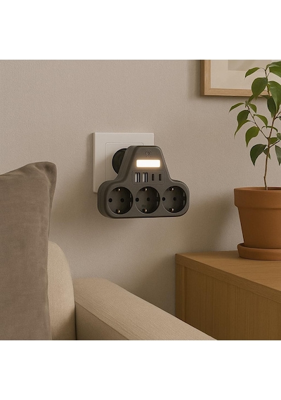 3 Lü Duvar Tipi Priz 2 Usb-a 2 Type-c Girişli Led Gece Lambalı Akım Korumalı Çoklayıcı 0