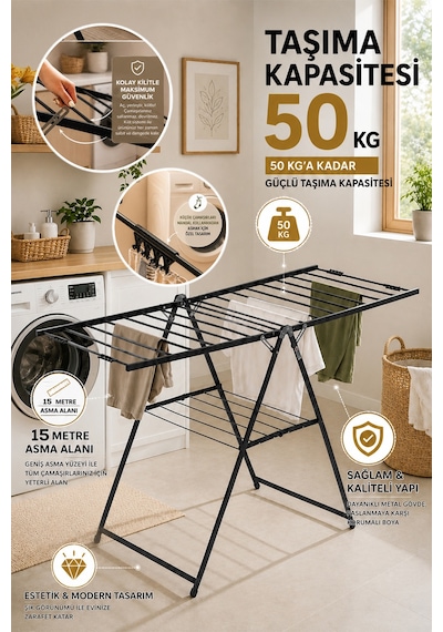 Perilla 17062 Fit Katlanabilir Çamaşır Kurutmalık 15 Metre Asma Alanı 50 Kg Taşıma Kapasiteli Antrasit