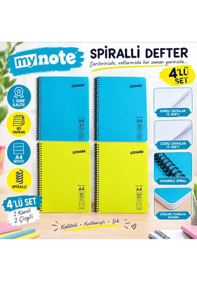 Okul Defteri 2 Adet Kareli Ve 2 Adet Çizgili 80yaprak Spiralli Renkli Kapaklı Büyük Boy 4'lü Paket Mavi - Sarı