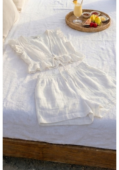 Combattente Exclusive Products Organik Pamuk Müslin Bağlamalı Fırfır Şort Takım, Naturel Doğal-oeko Tex Sertifikalı Kumaş Beyaz