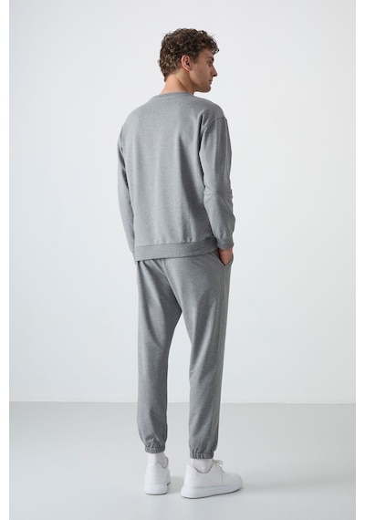 Tommy Life Gri Melanj Casual O Yaka Lastik Paça Pamuklu Erkek Oversize Eşofman Takımı - 85120 GRİ MELANJ