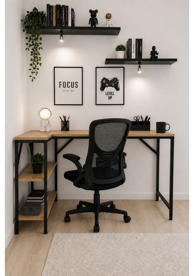 Çam/siyah L Masa, Kitaplıklı, Raflı, 120 Cm Çalışma Masası, Bilgisayar, Pc, Oyuncu, Gaming Masası Metal Ayaklı Kahverengi