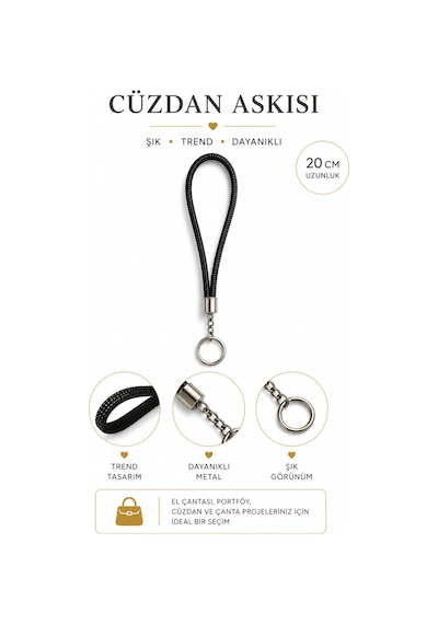 Vollen Yarn Cüzdan Askısı 20 Cm El Askılığı Bilek Askısı Metal Halkalı Cüzdan Ve Çanta Aksesuarı Siyah