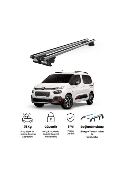 Venüs Citroen Berlingo 2019 Ve Sonrası Uyumlu Gri Ara Atkı Port Bagaj Tavan Barı