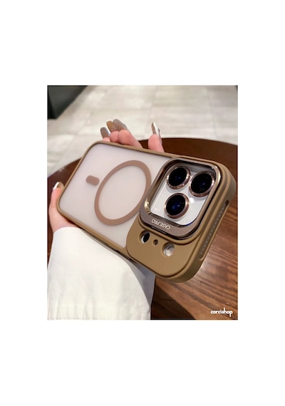 İphone 17 Uyumlu Kılıf Açılır Kamera Stand Magsafeli Mat Renkli Şeffaf + Lens Koruyucu Set Kahverengi