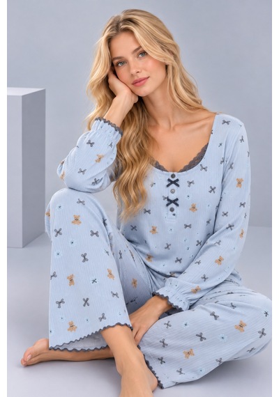 Pijamask Kadın Desenli Dantel Detaylı Fiyonk Ve Düğmeli Uzun Kollu Pijama Takımı Mavi-21