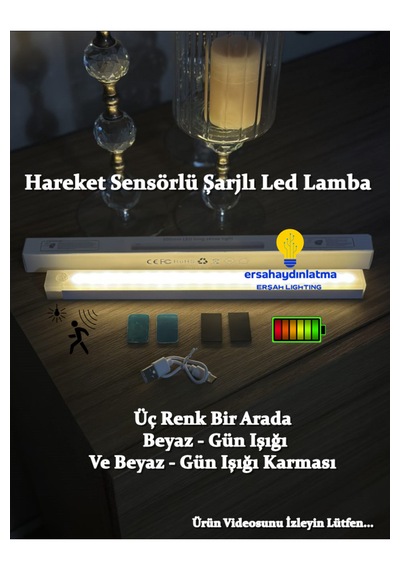 Hareket Sensörlü Şarjlı Led Lamba 30 Cm Gün Işığı - Beyaz Çift Renk