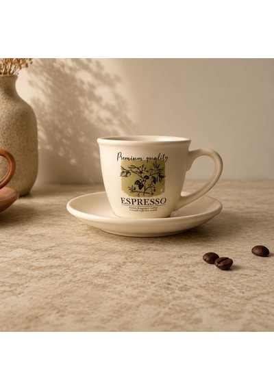 Art Porselen Espresso Fincan Takımı, 2'li Set, 90 Cc, Kahve Temalı Botanik Desenli Bej Diğer