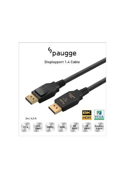 Paugge V1.4 Vesa Displayport Sertifikalı 32.40 Gbps Bandwith Hbr3 8k 60hz, 4k 120hz, 4k 60hz, 2k 165hz, 1080p 240hz Destekli Hdr, Freesync, G-sync Displayport Kablo