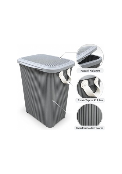 45 L Kapaklı Kirli Çamaşır Sepeti Modern Çizgili Tasarım Taşıma Kulplu Dayanıklı Plastik Banyo, Çamaşır Odası Ve Yatak Odası İçin 40 X 34 X 47 Cm Açık Gri Çok Renkli