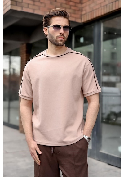 Madmext Camel Şerit Detaylı Modern Kesim Erkek Tişört E7182