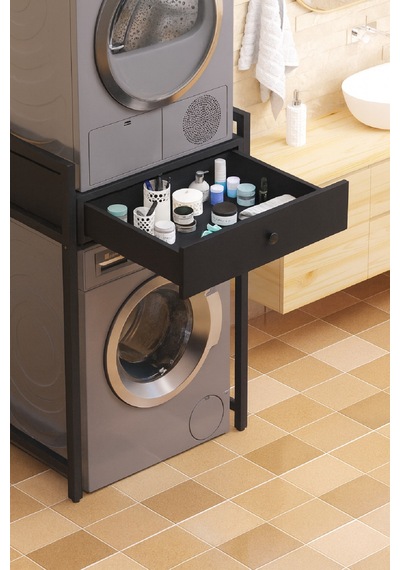 Çamaşır Sepeti Çekmeceli Çamaşır Makinası Ve Kurutma Makinası Rafı Makina Üstü Banyo Düzenleyici Raf Blackk