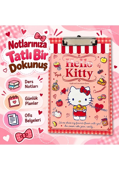Bakgelal Hello Kitty Elmalı Ve Tarçın Temalı Kırmızı Kareli Metal Mandal Klipsli Sekreterlik Ve Bloknot Altlığı - 9028514823893