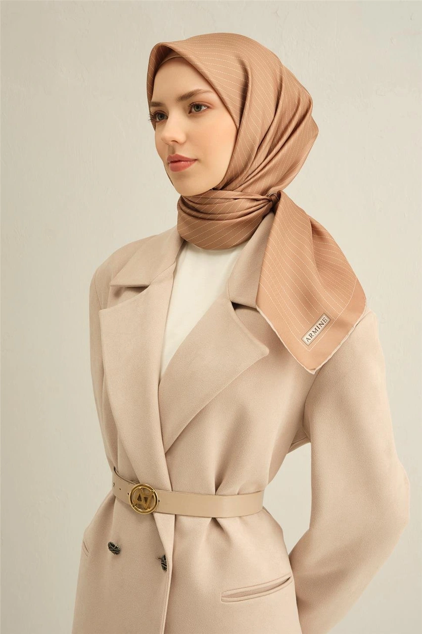 Armine Klasik Desenli Saf İpek Sura Eşarp 9348d 83 Camel