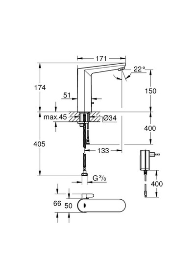 Grohe Eurosmart Cosmopolitan E Fotoselli Lavabo Bataryası, 1/2 L - Boyut Çift Su Girişli Ayarlanabilir Sıcaklık Sınırlayıcısı - 36421001 Gümüş