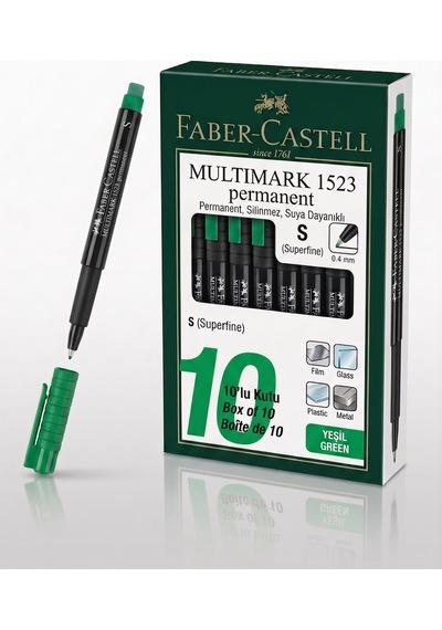 Faber-castell Süper İnce Uçlu S Yeşil Asetat Kalemi - Permanent, Silinmez, Suya Dayanıklı - 10 Adet Toptan Paket