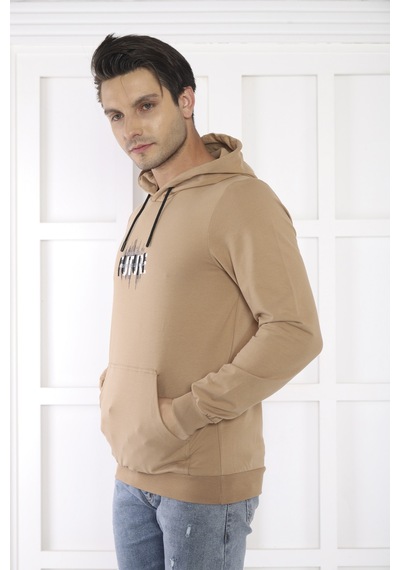 Escetic Spor Erkek Koyu Vizon Cepli, Kapüşonlu Sweatshirt-4170