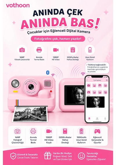 Çocuk Anında Baskılı Fotoğraf Makinesi 16mp Dijital Kamera Video Telefon Destekli
