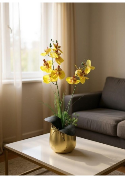 Yapay Çiçek Sarı Islak Orkide Gold Metal Saksıda Saksıda Orkide 50cm