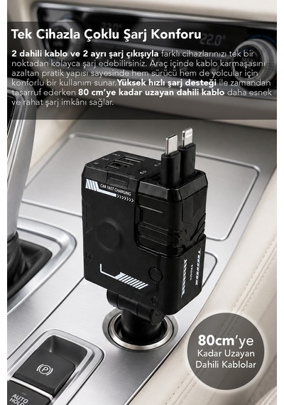 Süper Hızlı Araç Şarjı - Usb Type-c Çıkışlı Voltaj Göstergeli Geri Çekilebilir Kablolu Araç Şarj Cihazı