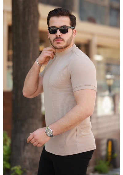Veraura Lifestyle Erkek Yarım Balıkçı Yaka Kısa Kollu T-shirt bej