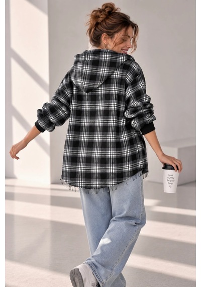Bb Butik Basic Kapüşonlu Fermuarlı Oversize Ekose Oduncu Gömlek Ceket Kadın Rahat Mevsimlik Günlük Tr0935 Siyah