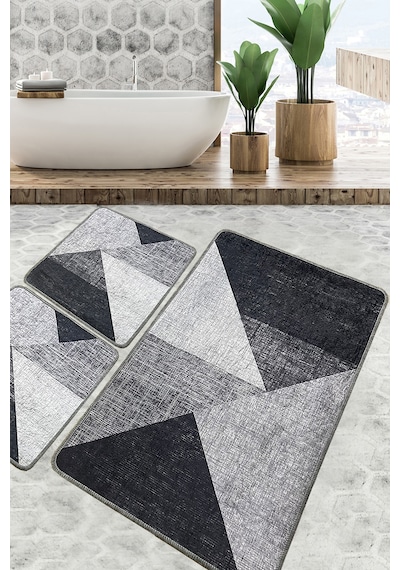 Phell Gri Banyo Halısı Djt 3 Lü Set Banyo Halısı Paspas Yıkanabilir Kaymaz Çok Renkli