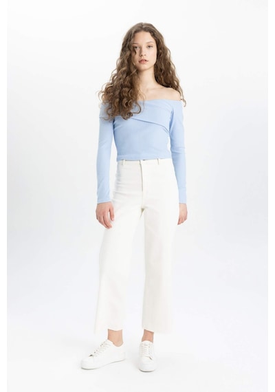 Defacto Culotte Yüksek Bel Paça Ucu Kesik Crop Jean Pantolon B5012AX24SM Ekru