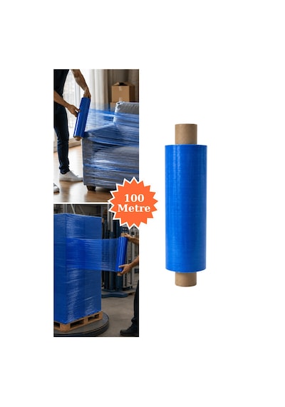 El Tipi Mavi Streç Film Mobilya Eşya Koli Palet Paket Taşıma Sarma Koruma 40 Cm X 100 M 18 Mikron