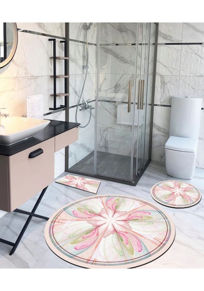 Manolya, Kaymaz, Organik Pamuk Taban Yuvarlak Banyo Halısı-100X100 - 60X60 - 40X60 (3'Lü Set) Çok Renkli