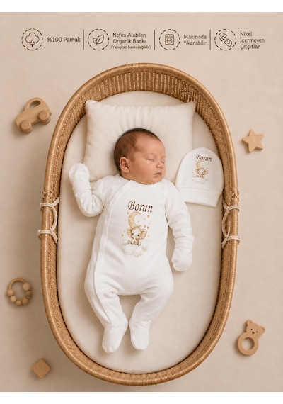 Pia Baby İsme Özel Erkek Bebek Hastane Çıkışı 4 Lü Set %100 Pamuk Organik Baskılı Battaniyeli Tulum Seti 1035bt0x Krem