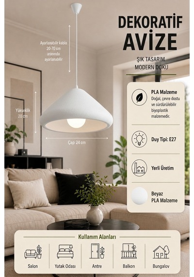 Kubbe Form Sarkıt Avize Beton Görünümlü Dokulu Modern Dekoratif Avize E27 25 Cm - Beyaz