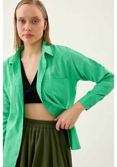 Vitrin Basic Oversize Önden Cepli Gömlek Yeşil