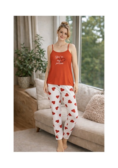 Rindahomewear Kadın Kırmızı Kalp Milan Askılı Pijama Takımı Kırmızı