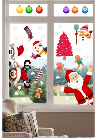Yılbaşı Sticker Noel Baba Geyik Penguen ve Kar Taneleri Cam Duvar Süsü