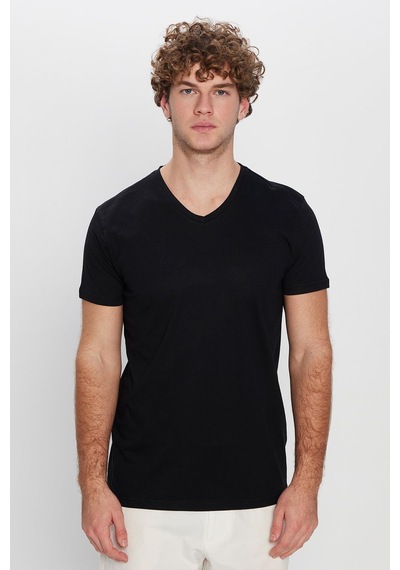 Tudors Erkek Slim Fit Dar Kesim %100 Pamuk Yumuşak Dokulu Siyah V Yaka Tişört-32120 SIYAH Siyah