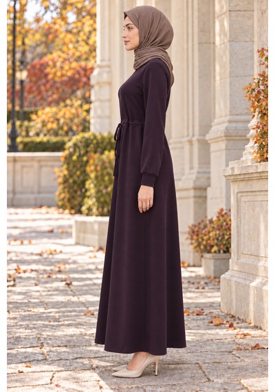 Sevitli Beli Tünelli İki İplik Elbise-mürdüm-6005