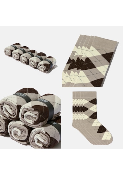 Dikişsiz Bambu Çorap Baklava Desenli Bej Renk Erkek Çorap Kutulu 5 Çift Premium Uzun Çorap Soket Çorap Bambu Mix