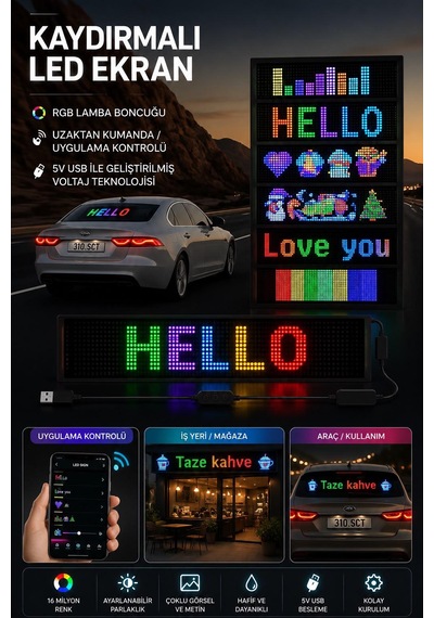 Led Matris Panel Mesajınızı Emojinizi Dilediğiniz Gibi Gösterin Araba Dükkan Cam Ofis Cafe İçin Uygun Elektirikli Kumandalı Uygulamadan Kontrol