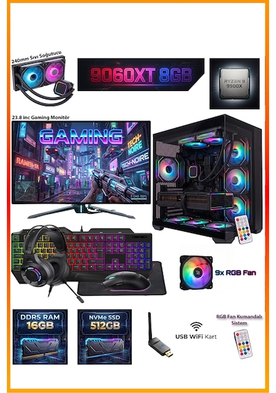 Comloji CMLJ51 R9-9900X 16 GB 512 GB SSD RX9060XT 23.8" Free Dos Masaüstü Oyuncu Bilgisayarı
