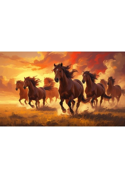 Yabani Atlar Gün Batımında Çayırda Koşuyor 02 Çerçevesiz 50x30 Cm Pvc Tablo