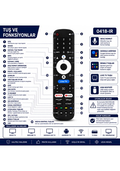 0418-ır Onvo Redline Ses Komutsuz Google Led Tv Kumandası Netflix Youtube Prime Video Disney+ Uyumlu