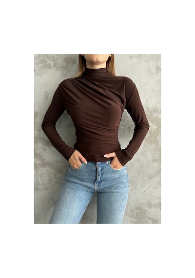 Unika Boutique Kadın Kahverengi Dik Yaka Omuz Ve Bel Büzgülü Uzun Kollu Bluz