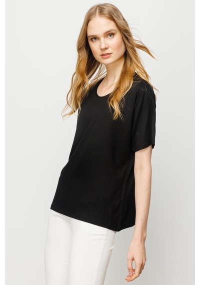 Kadın Sıfır Yaka Basic Penye T-shirt Siyah SIYAH
