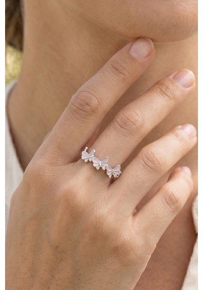 Silver Zirkon Taşlı Pembe Kelebek Çelik Yüzük Çok Renkli