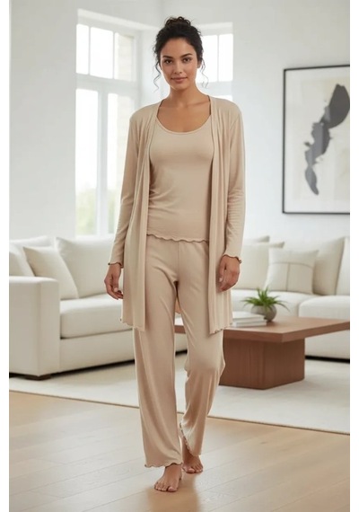 İkikareshop Kadın Bej Kısa Kimono 3 Lü Takım Yumuşak Dokulu Şık Rahat Ev Giyim Seti Çok Renkli
