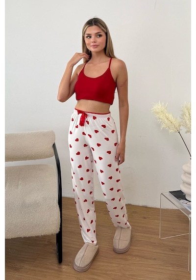 Giysa Kadın Beli Lastikli Kalp Desenli Pijama Altı Beyaz - 26y 4522